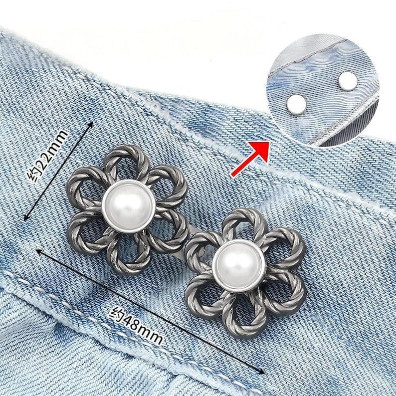 Jeans Waist Button Buckle-2Pcs Flower Pearl Waistband Tightener Adjuster Hook and Eye Clip Clasp Pins for Pant/Skirt/Collar