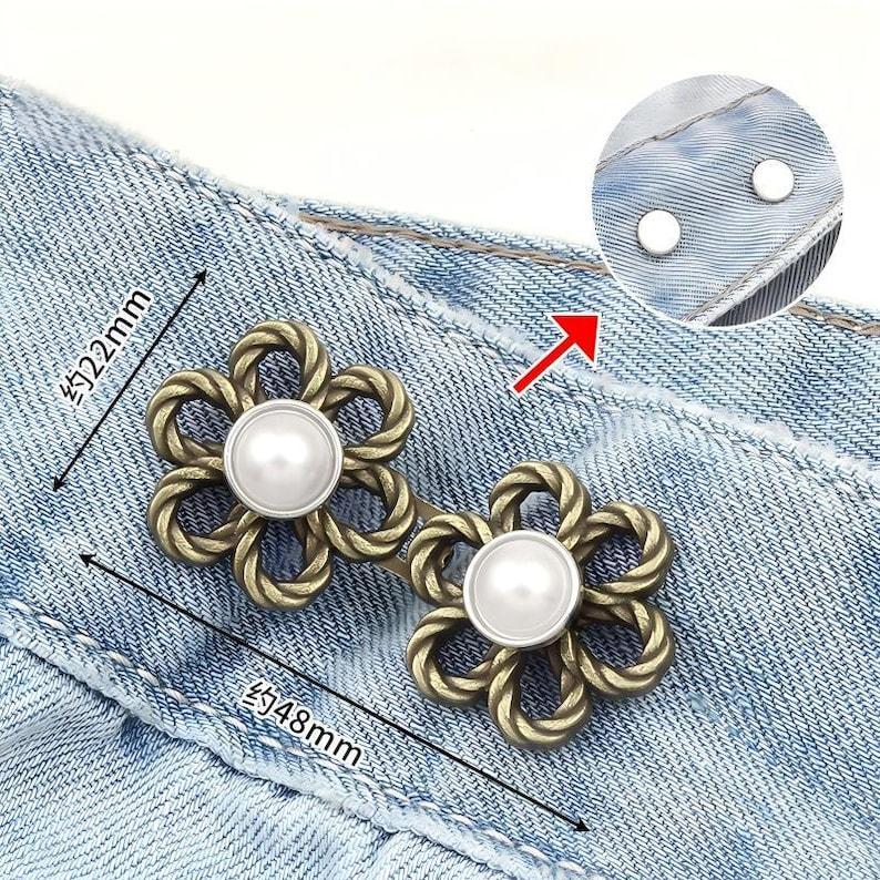 Jeans Waist Button Buckle-2Pcs Flower Pearl Waistband Tightener Adjuster Hook and Eye Clip Clasp Pins for Pant/Skirt/Collar