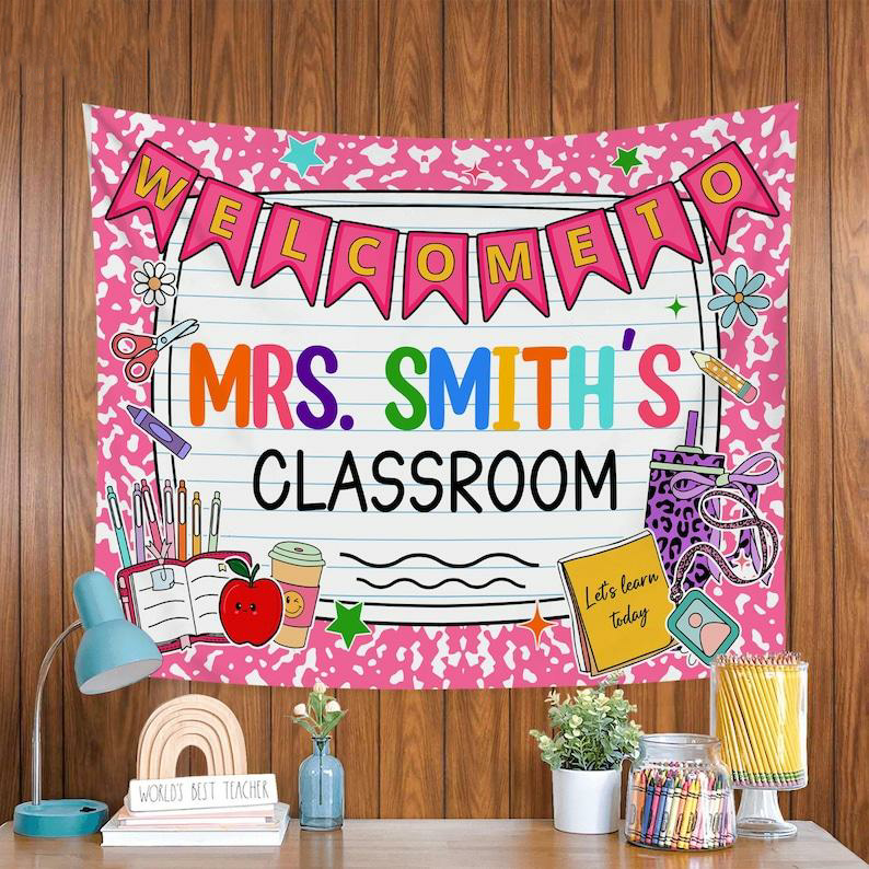Custom Composition Notebook, Classroom Decor, Welcome Teachers Name Classroom Banner, Teacher Appreciation Gifts, Custom Classroom Tapestry