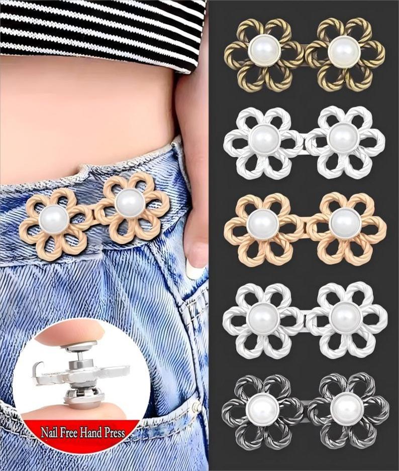 Jeans Waist Button Buckle-2Pcs Flower Pearl Waistband Tightener Adjuster Hook and Eye Clip Clasp Pins for Pant/Skirt/Collar