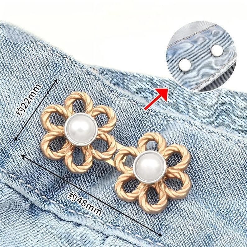 Jeans Waist Button Buckle-2Pcs Flower Pearl Waistband Tightener Adjuster Hook and Eye Clip Clasp Pins for Pant/Skirt/Collar