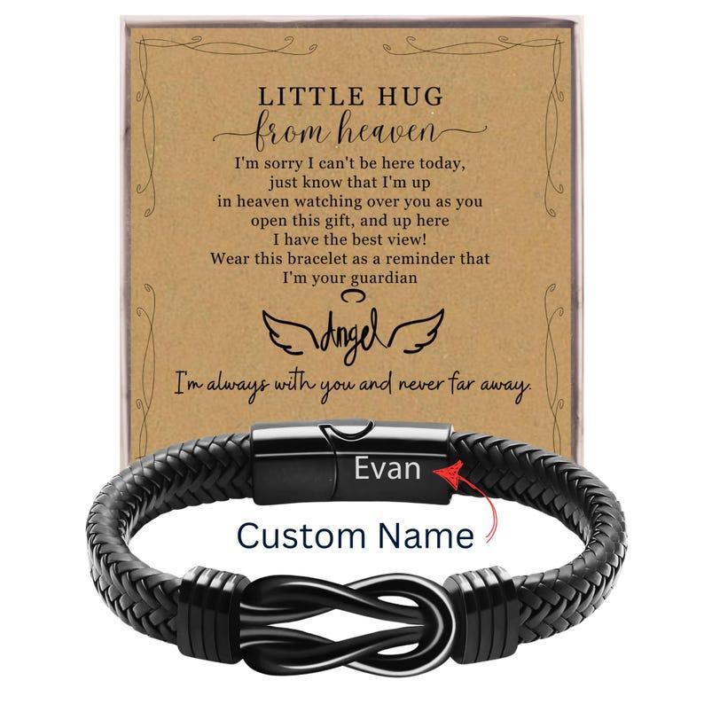Personalized Infinity Knot Bracelet with Little Hug from Heaven Card & Custom Name Engraving. Memorial Sympathy Gift. Loss of Loved One Gift