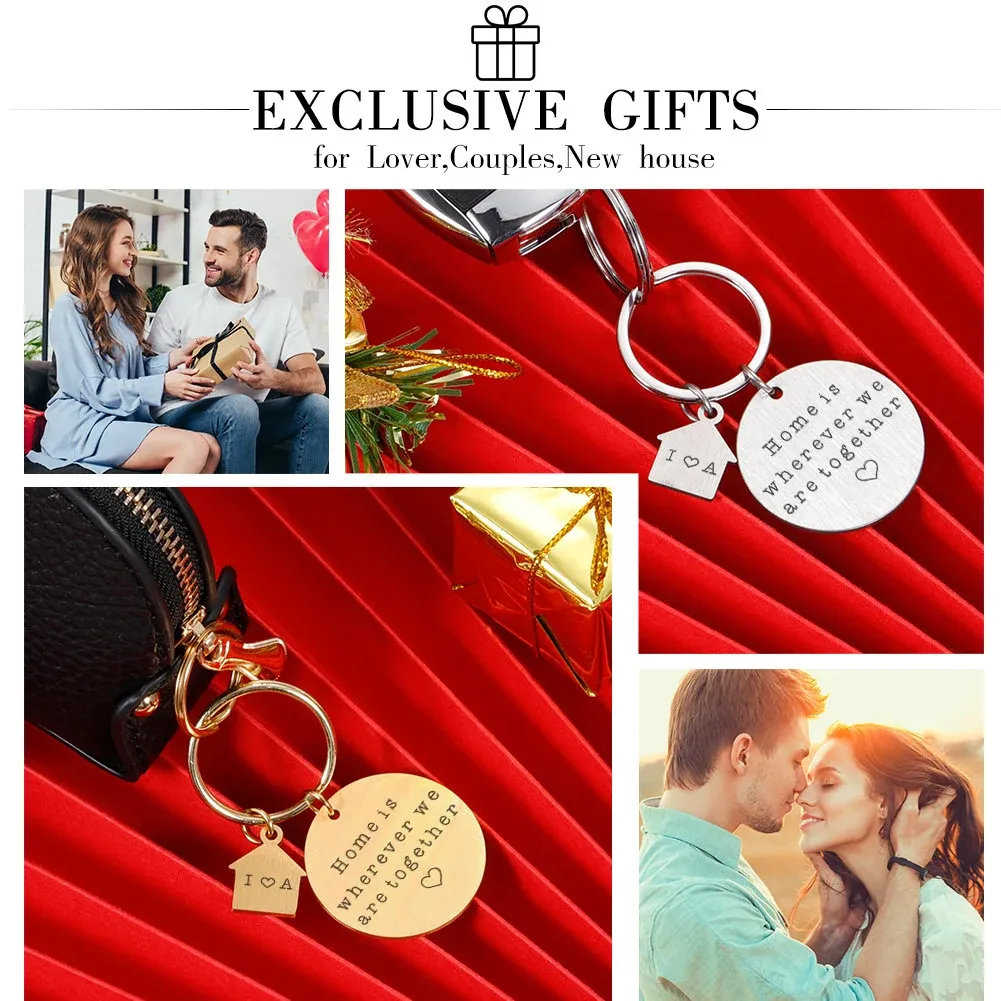 Personalized New Home Keychain Custom Couples Keyring Home is Wherever We Are Engraved Initial Keychain for Boyfriend Girlfriend