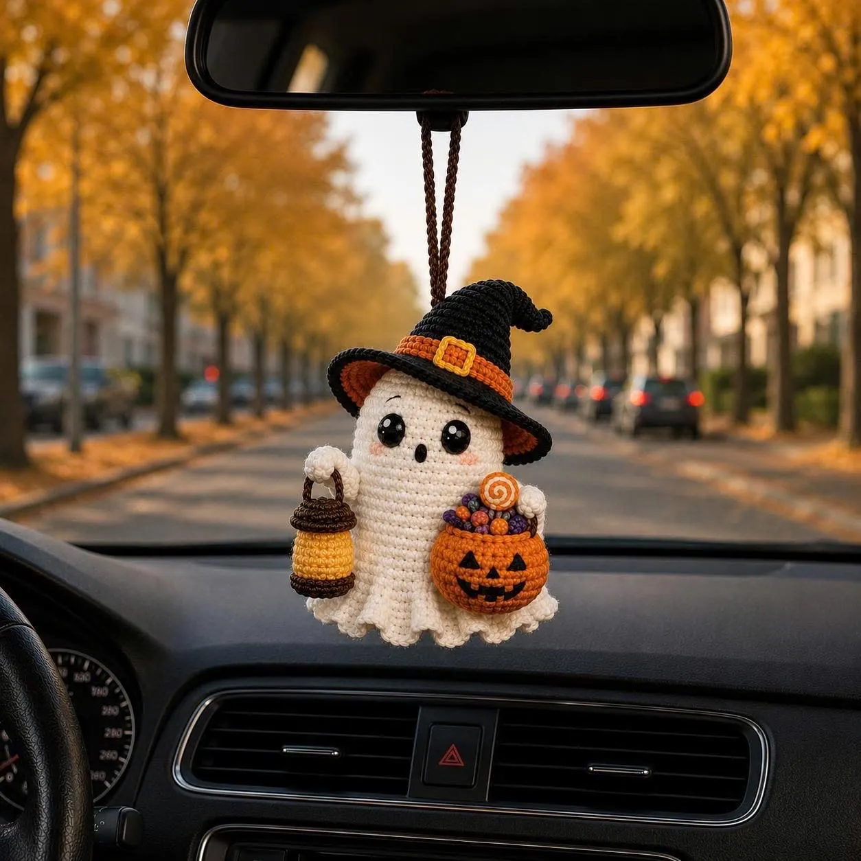 Handmade Crochet Ghost Car Charm Cute Halloween Pumpkin Rearview Mirror Hanging Gift