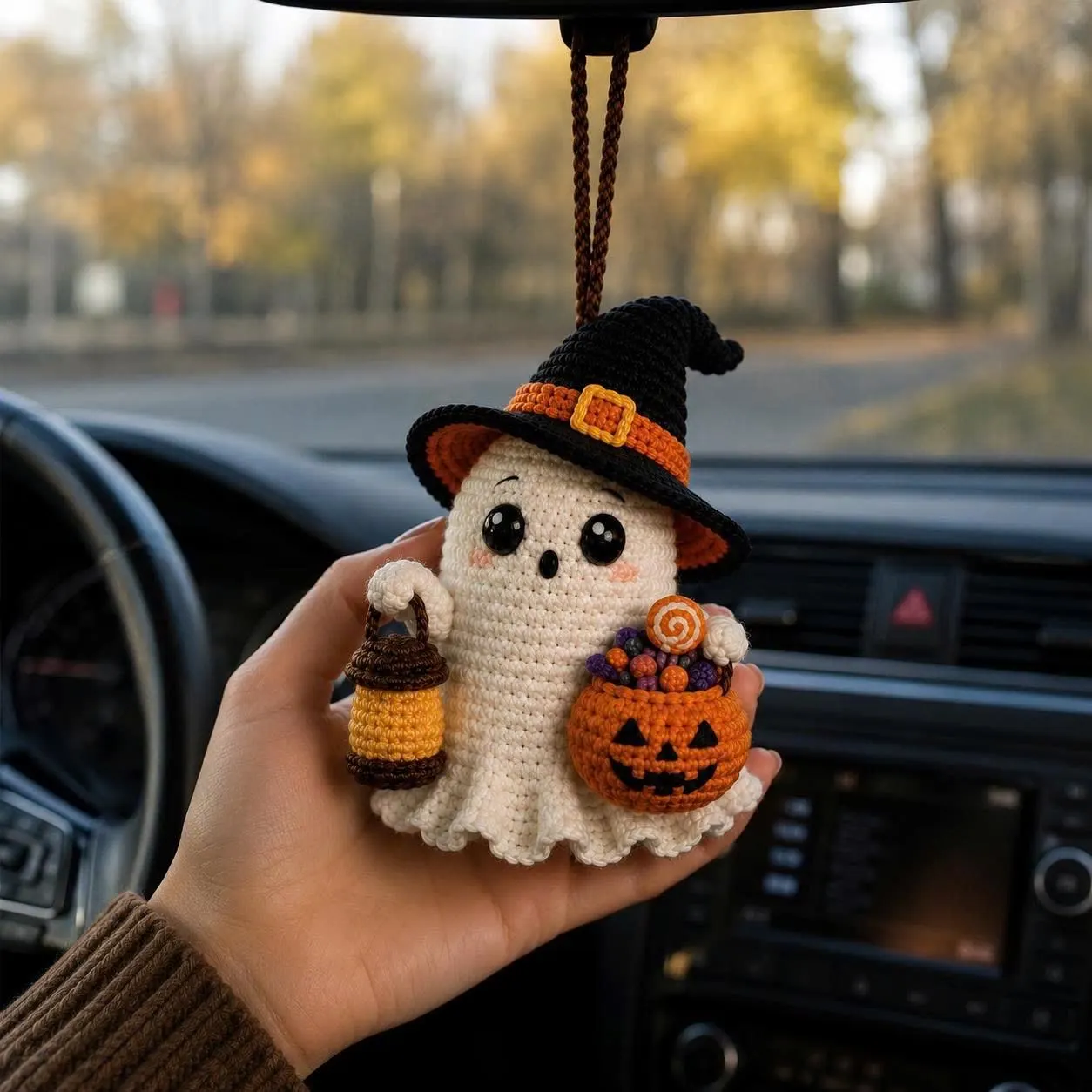 Handmade Crochet Ghost Car Charm Cute Halloween Pumpkin Rearview Mirror Hanging Gift