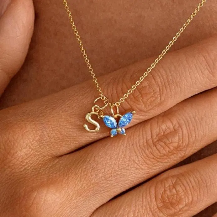 Personalized Butterfly Birthstone Initial Necklace Custom Monogram Jewelry Birthday Gift for Her