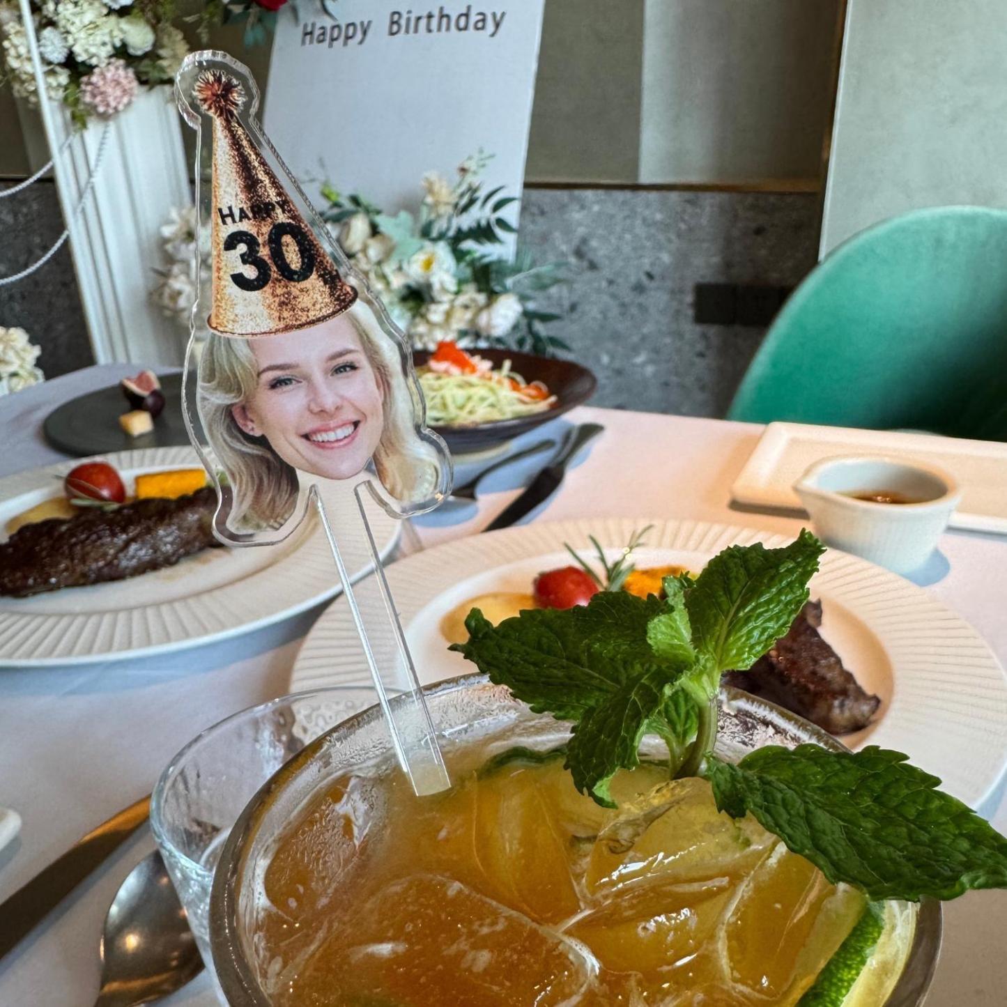 Personalized Face Drink Stirrers Custom Photo Cocktail Stirrers Birthday Party Stir Sticks with Hat Accessory
