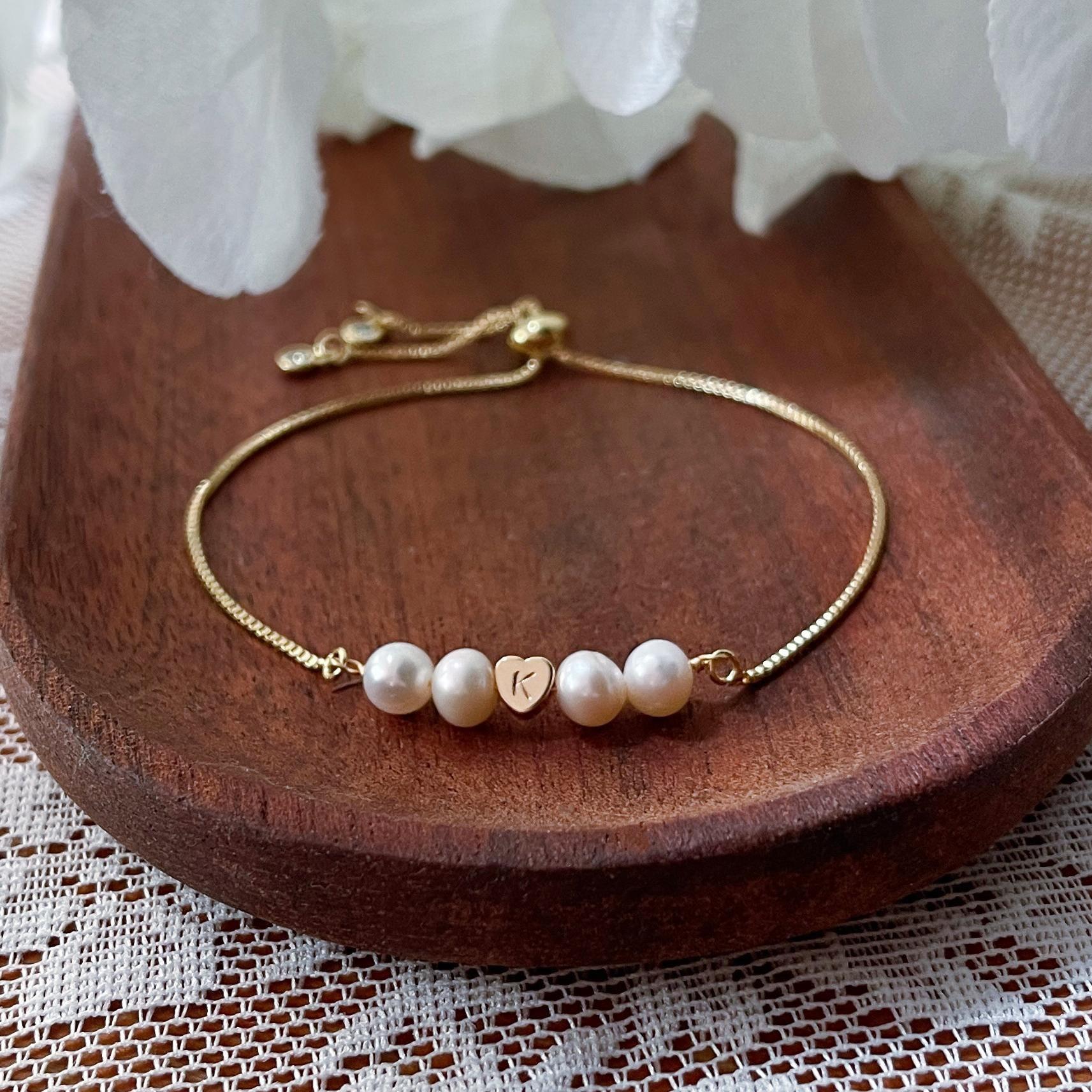 Personalized Initial Heart Bracelet Custom Letter Pearl Beaded Chain Gifts for Her