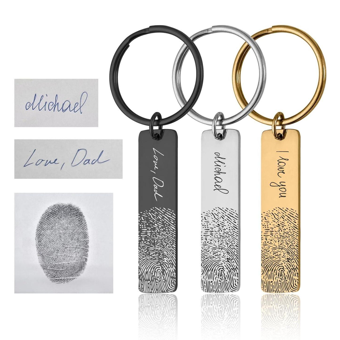 Personalized Fingerprint and Handwriting Memorial Keychain Engraved Real Thumbprint Signature Keyring Custom Inscription Grief Gift