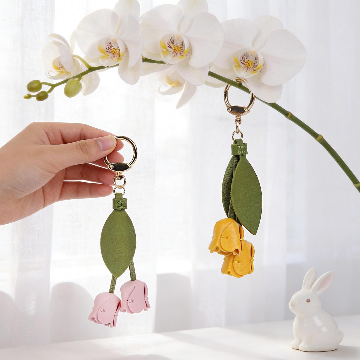 Personalized Name Tulip Keychain Custom Leather Flower Keyring  Genuine Leather Blossom Accessory Gift for Her