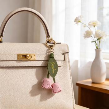 Personalized Name Tulip Keychain Custom Leather Flower Keyring  Genuine Leather Blossom Accessory Gift for Her