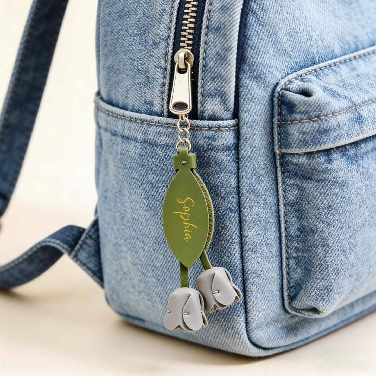 Personalized Name Tulip Keychain Custom Leather Flower Keyring  Genuine Leather Blossom Accessory Gift for Her