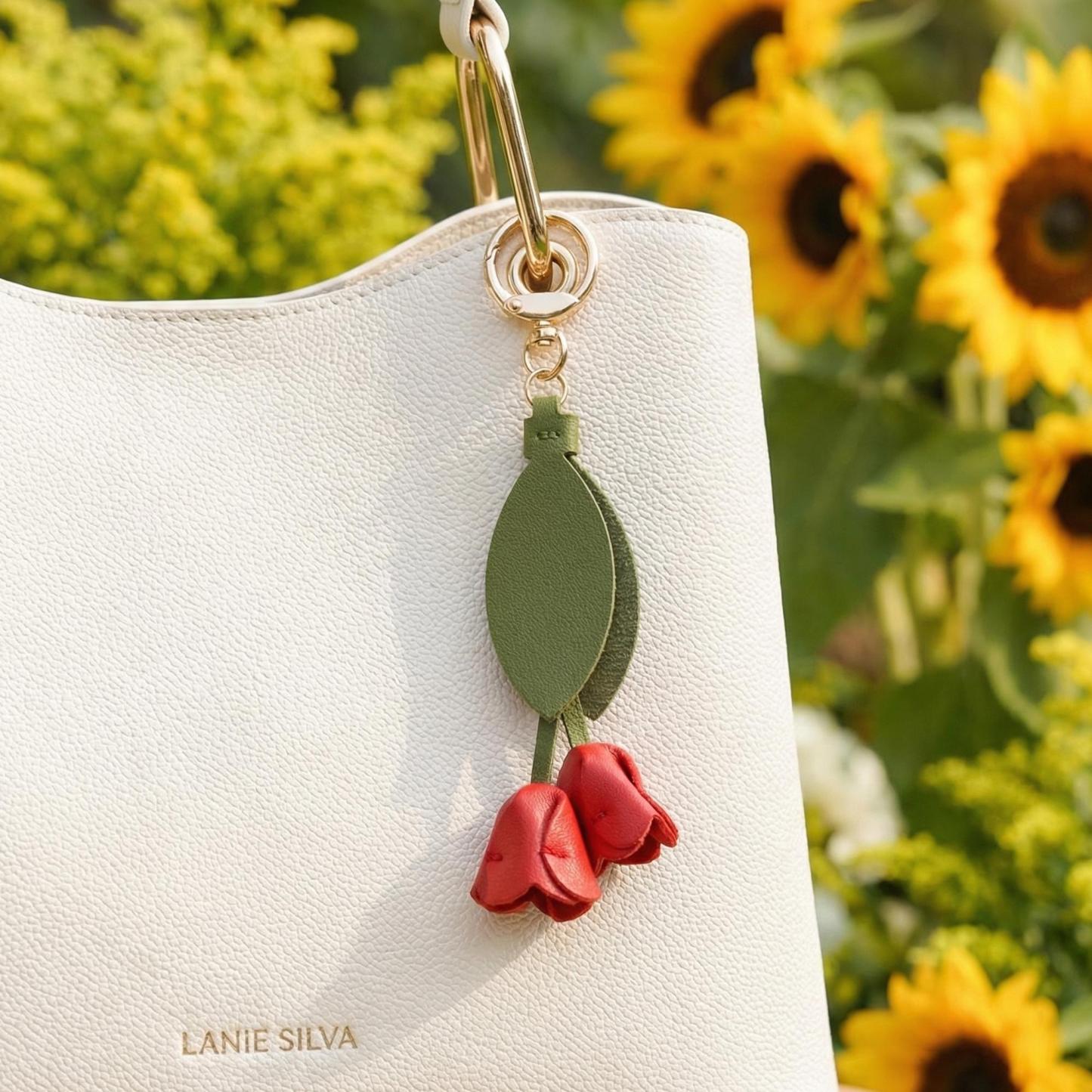 Personalized Name Tulip Keychain Custom Leather Flower Keyring  Genuine Leather Blossom Accessory Gift for Her