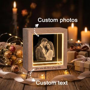 Personalized Photo Crystal Night Light Custom Engraved Base Wooden Frame Lamp Anniversary Gift for Her