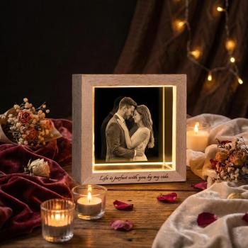 Personalized Photo Crystal Night Light Custom Engraved Base Wooden Frame Lamp Anniversary Gift for Her