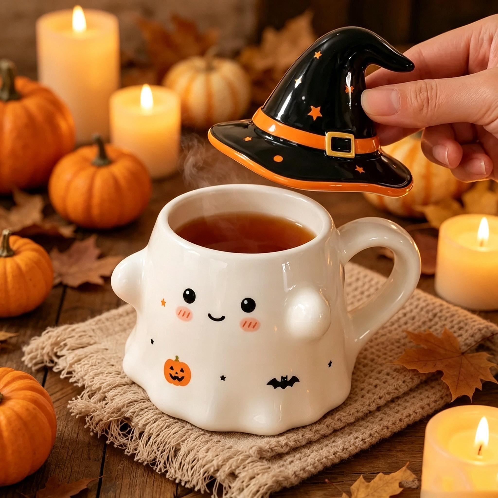 Cute Ghost Ceramic Mug with Witch Hat Lid Spooky Halloween Coffee Cup Gift for Her
