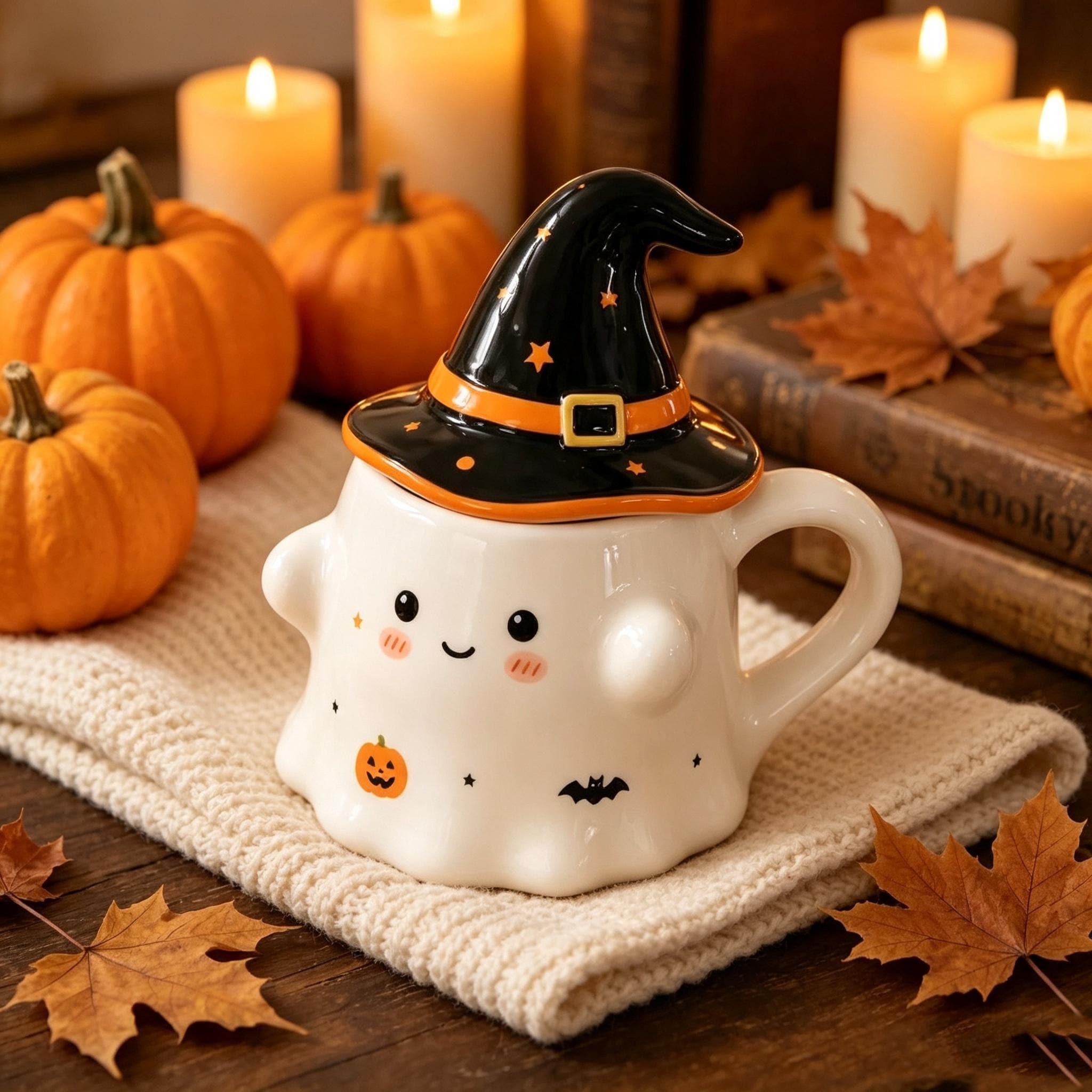 Cute Ghost Ceramic Mug with Witch Hat Lid Spooky Halloween Coffee Cup Gift for Her