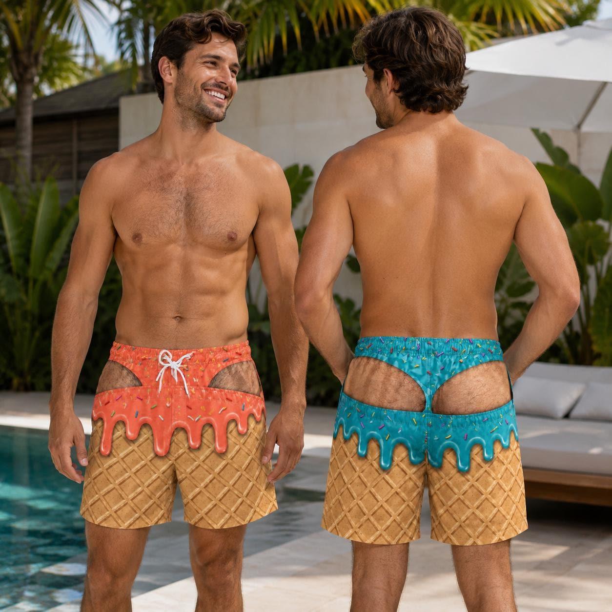 Funny Ice Cream Cone Illusion Swim Trunks Novelty Beach Shorts Gag Gift for Him