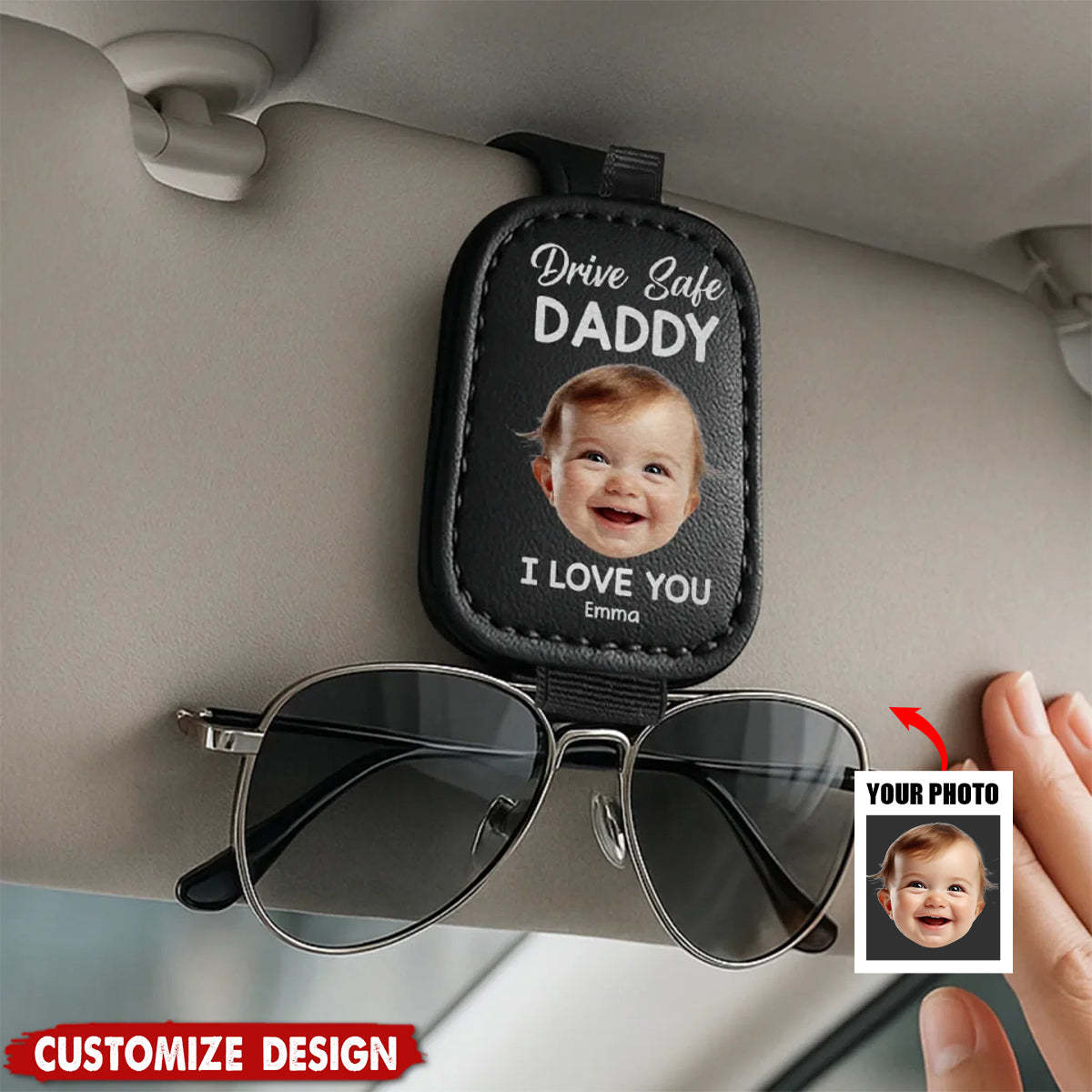 Custom Sunglasses Holder Drive Safe Daddy Love Always Family Personalized Photo Sunglasses Holder For Car Visor Father's Day Gift