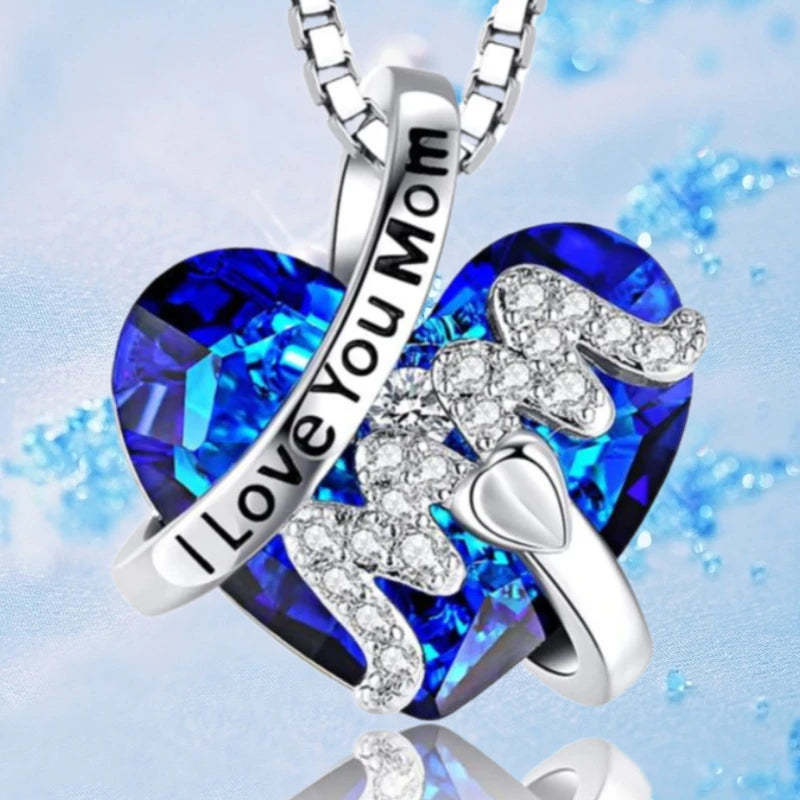 Luxury Fashion "Mom" Pendant Necklace Red Blue Heart Crystal Jewelry Mother's Day Gift