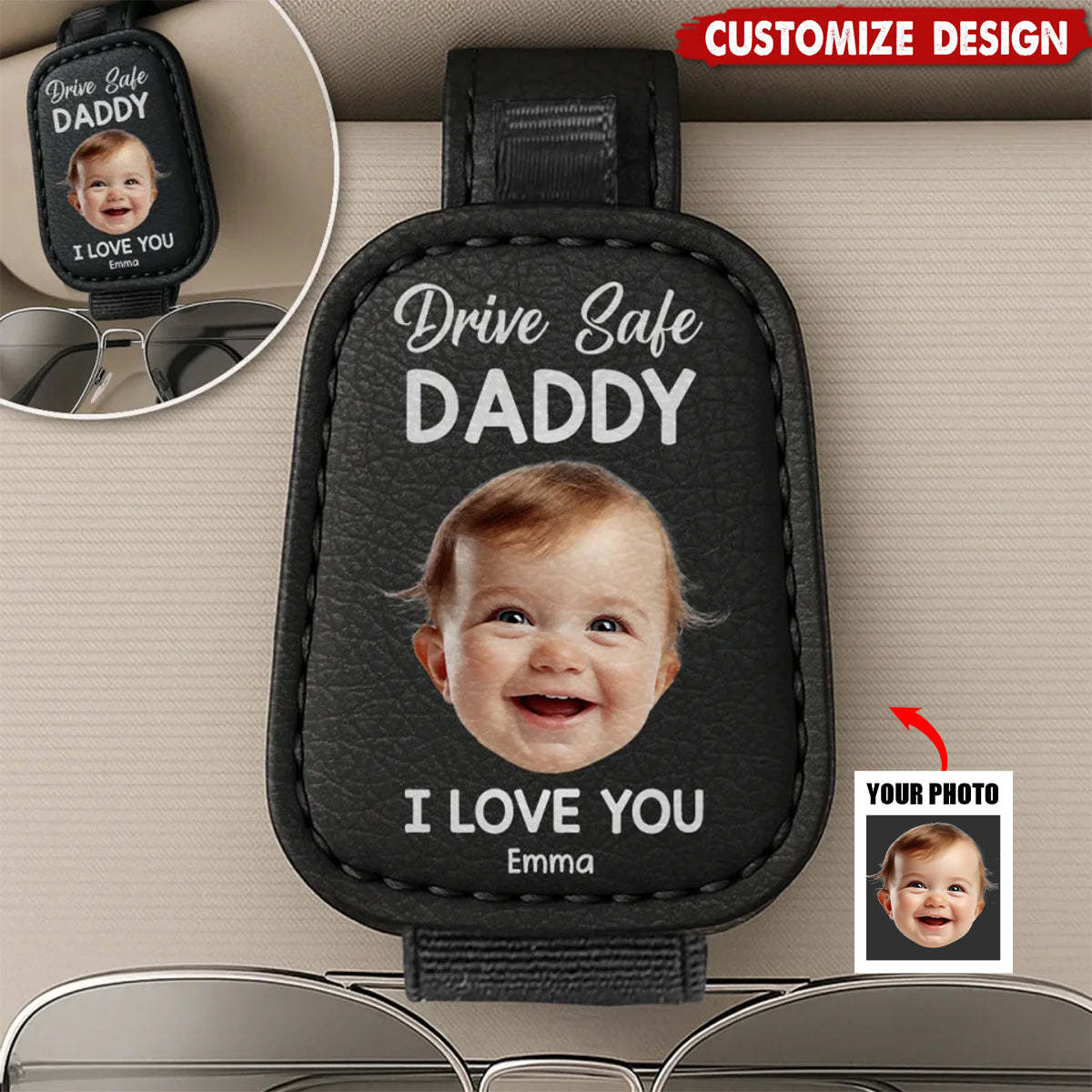Custom Sunglasses Holder Drive Safe Daddy Love Always Family Personalized Photo Sunglasses Holder For Car Visor Father's Day Gift