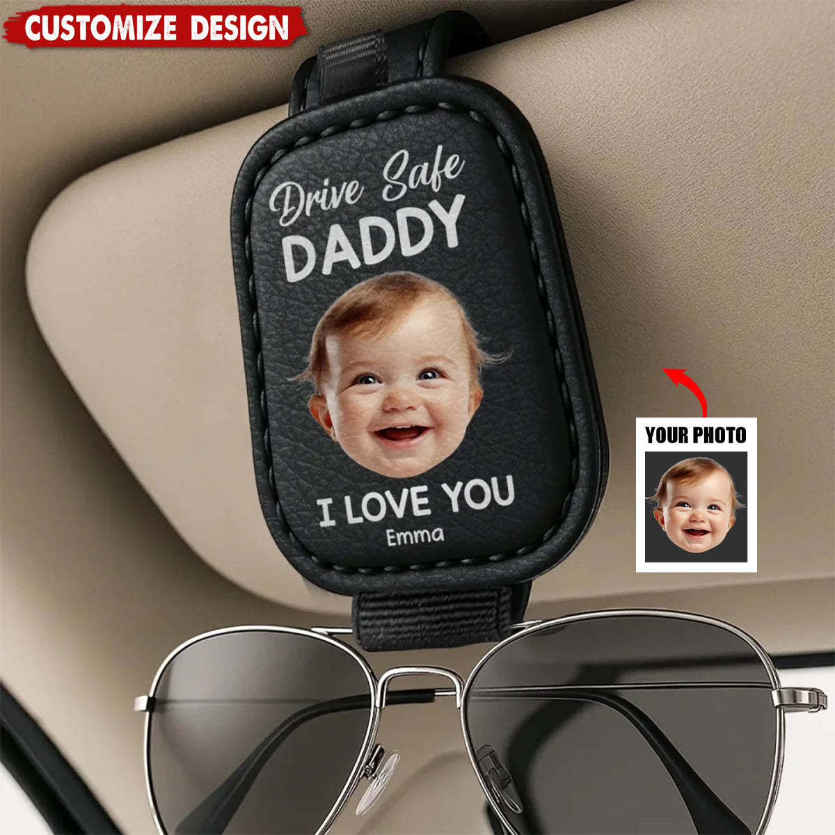 Custom Sunglasses Holder Drive Safe Daddy Love Always Family Personalized Photo Sunglasses Holder For Car Visor Father's Day Gift