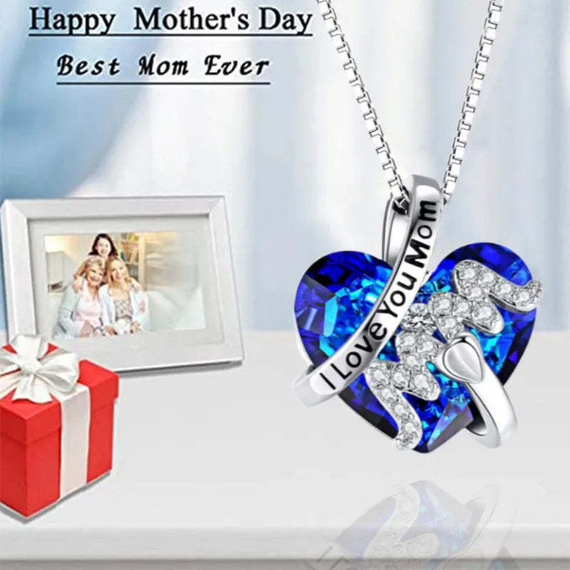 Luxury Fashion "Mom" Pendant Necklace Red Blue Heart Crystal Jewelry Mother's Day Gift