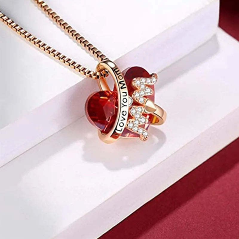 Luxury Fashion "Mom" Pendant Necklace Red Blue Heart Crystal Jewelry Mother's Day Gift