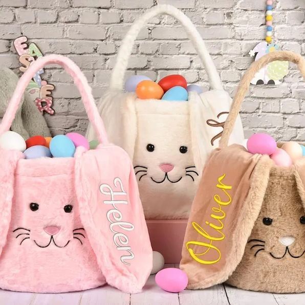 Personalized Easter basket,Embroidered Plush Easter basket,Kids Bunny Basket with Name,Easter egg hunt basket,Easter Bucket,Kids Easter Gift