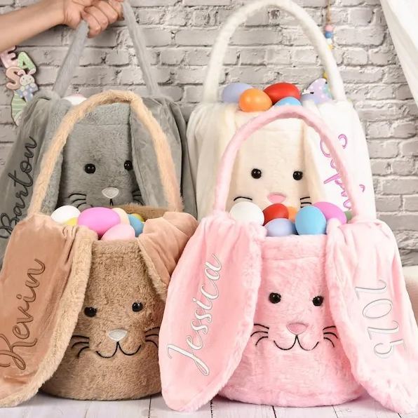 Personalized Easter basket,Embroidered Plush Easter basket,Kids Bunny Basket with Name,Easter egg hunt basket,Easter Bucket,Kids Easter Gift