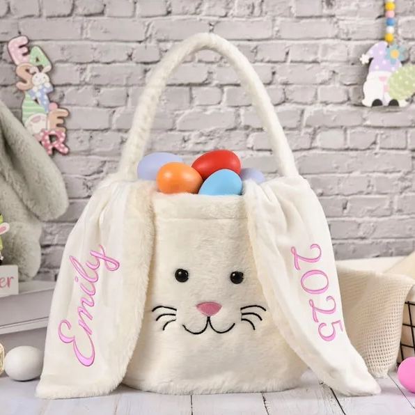 Personalized Easter basket,Embroidered Plush Easter basket,Kids Bunny Basket with Name,Easter egg hunt basket,Easter Bucket,Kids Easter Gift