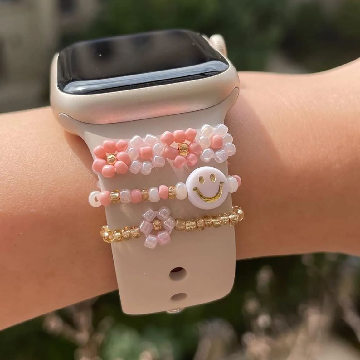 Beaded Watch Band Charms Compitable with Watch 38/40/41/42/44/45/49mm, Cute Beads Decorative Rings Loops Watch Assceeories for iWatch Series 8/7/6/5/4/3/2/1 (Band Not Included) - namenecklace
