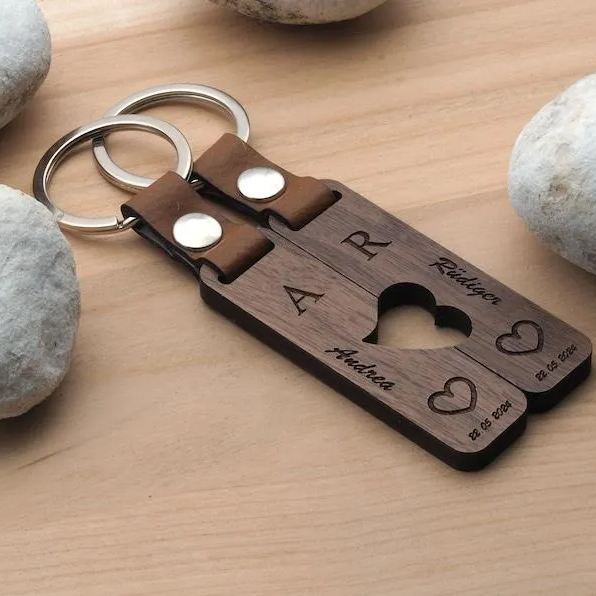 Couple Puzzle Keychain Set – Personalised Wooden Keyring with Engraved Names & Symbols Matching Gift for Partners or Best Friends