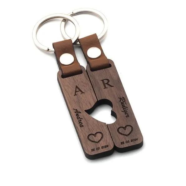 Couple Puzzle Keychain Set – Personalised Wooden Keyring with Engraved Names & Symbols Matching Gift for Partners or Best Friends