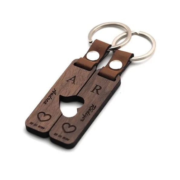 Couple Puzzle Keychain Set – Personalised Wooden Keyring with Engraved Names & Symbols Matching Gift for Partners or Best Friends
