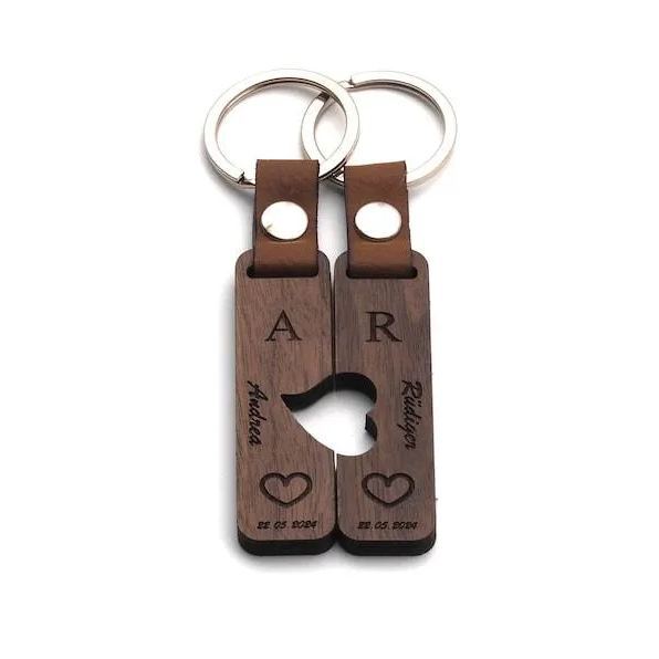 Couple Puzzle Keychain Set – Personalised Wooden Keyring with Engraved Names & Symbols Matching Gift for Partners or Best Friends