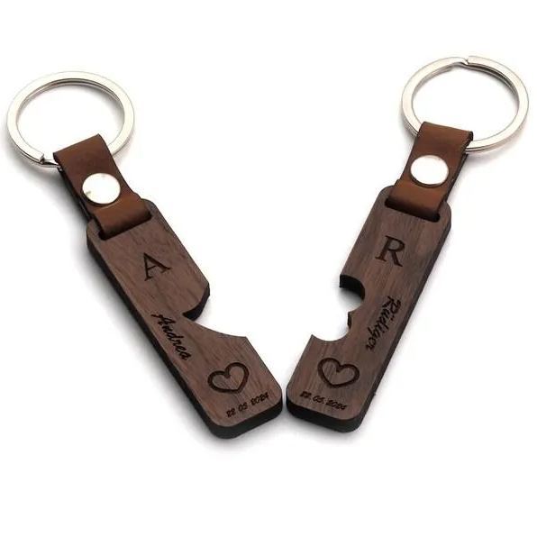 Couple Puzzle Keychain Set – Personalised Wooden Keyring with Engraved Names & Symbols Matching Gift for Partners or Best Friends