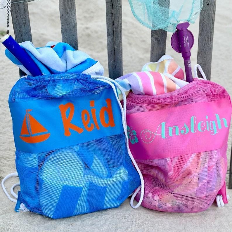 Personalized Kids Seashell Mesh Beach Bag Custom Beach Treasure Bag for Kids Mesh Drawstring Backpac