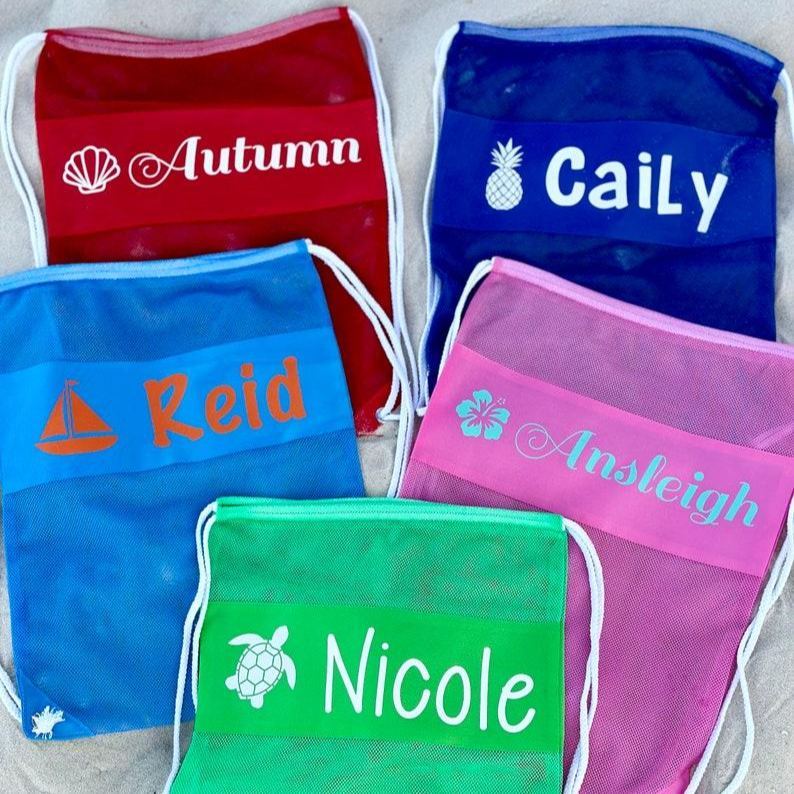 Personalized Kids Seashell Mesh Beach Bag Custom Beach Treasure Bag for Kids Mesh Drawstring Backpac