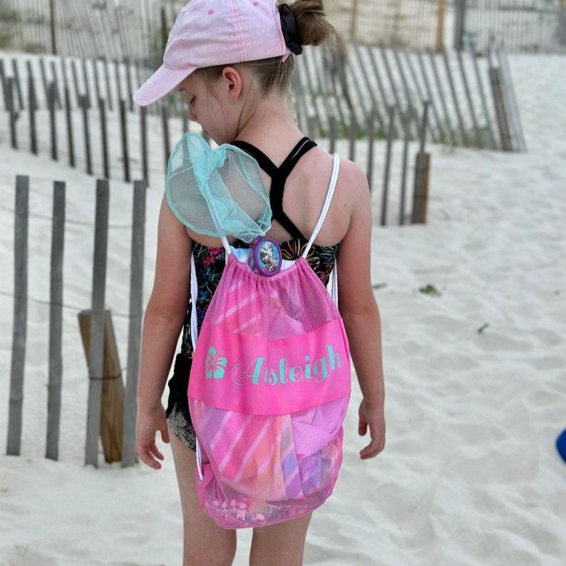 Personalized Kids Seashell Mesh Beach Bag Custom Beach Treasure Bag for Kids Mesh Drawstring Backpac
