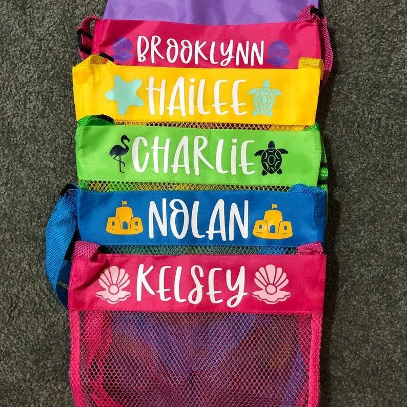 Personalized Kids Mesh Beach Bag Custom Shell Collecting Bag for Kids Adjustable Strap Beach Tote