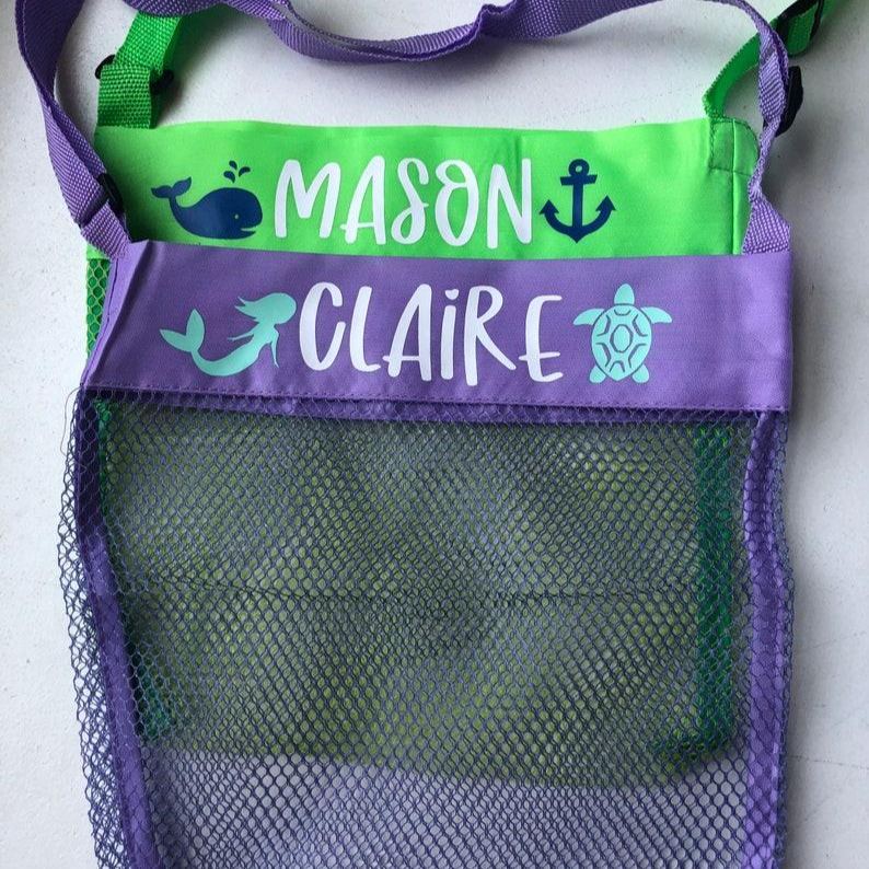 Personalized Kids Mesh Beach Bag Custom Shell Collecting Bag for Kids Adjustable Strap Beach Tote