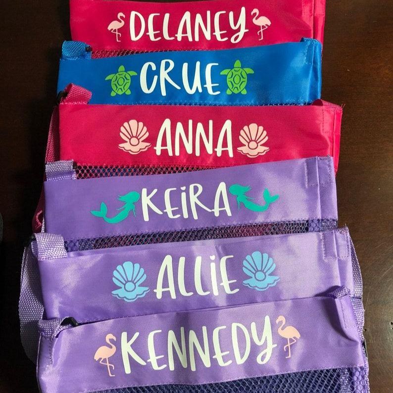Personalized Kids Mesh Beach Bag Custom Shell Collecting Bag for Kids Adjustable Strap Beach Tote