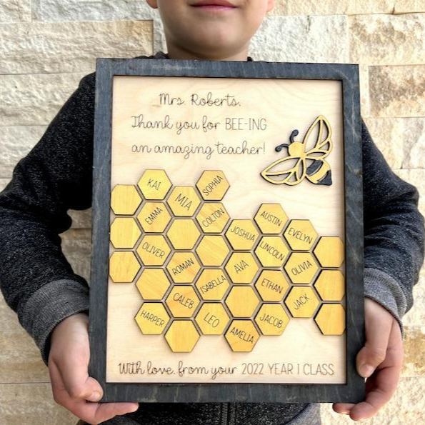 Personalized Teacher Gift Wooden Bee Honeycomb Classroom Plaque Custom Engraved Teacher Appreciation Sign with Student Names
