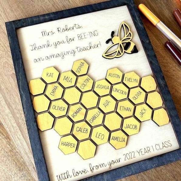Personalized Teacher Gift Wooden Bee Honeycomb Classroom Plaque Custom Engraved Teacher Appreciation Sign with Student Names