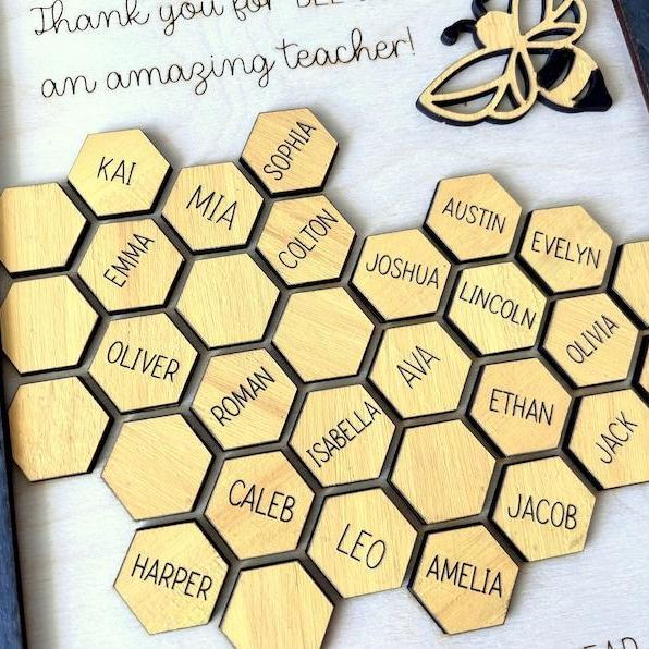 Personalized Teacher Gift Wooden Bee Honeycomb Classroom Plaque Custom Engraved Teacher Appreciation Sign with Student Names