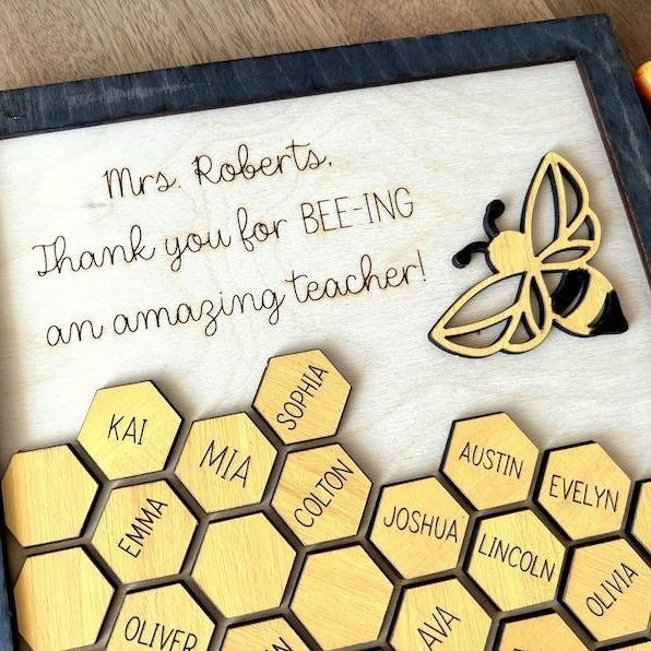 Personalized Teacher Gift Wooden Bee Honeycomb Classroom Plaque Custom Engraved Teacher Appreciation Sign with Student Names