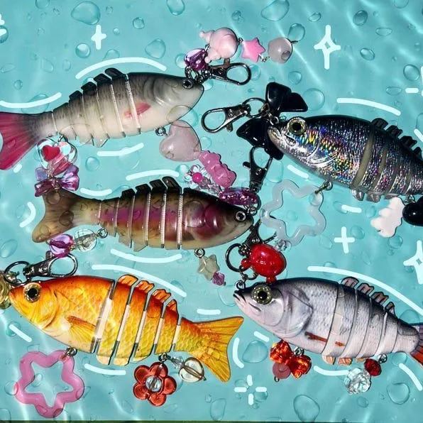 Fish Lure Fidget Keychain with Charms Real Lure with Silicone Charms & Beads