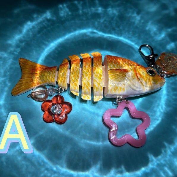 Fish Lure Fidget Keychain with Charms Real Lure with Silicone Charms & Beads