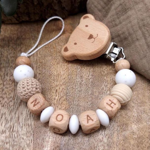 Personalized Baby Pacifier Clip Custom Name Dummy Chain Eco-Friendly Wood & Silicone Name Clip
